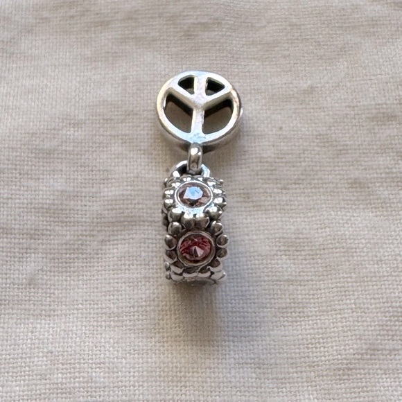 PANDORA CHARM | PEACE SIGN | DANGLE | PINK STONES | STERLING SILVER | 925 ALE - Picture 3 of 5